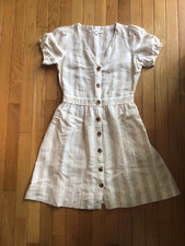 Ann Taylor Loft Dress Women 0P whit beige Striped Linen Summer short sleeve