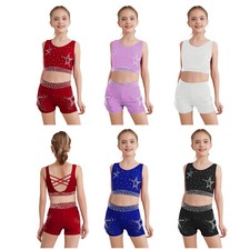 Kids Girls Outfit Dancewear Suit Performance Set 2Pcs U Neck With Shorts Dance