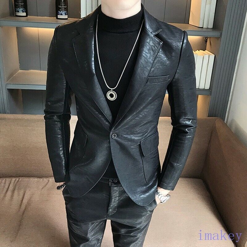 Men's Faux Leather Suit Blazer Jacket Pants 2PCS Slim Fit One Button Korean 2021 Men's Faux Leather Suit Blazer Jacket Pants 2PCS Slim Fit One Button Korean 2021