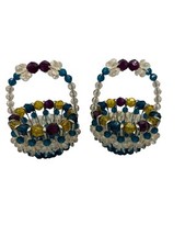 Vintage Multicolor Handmade Safety Pin Beaded Baskets Kitschy 4 Retro Set Of 2