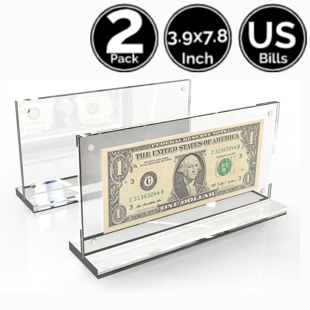 2 Pack 3.9 x 7.8 IN Acrylic Display Stand Holder Frame 4 US Dollar Bill Currency