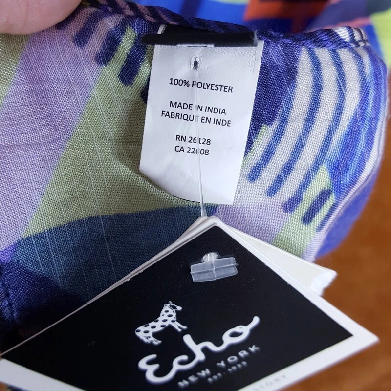 ECHO Womens Scarf Blue Geometric Rectangle Lightweight Silky 72x18 - Image 3 of 4