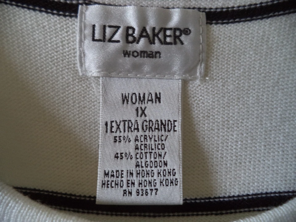 Suéter sin mangas Liz Baker blanco con rayas negras mezcla de algodón tejido 16 XL 1X Foto 3 de 4