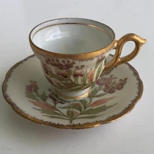 Vintage Tea Cup and Saucer Small Matte Flowers Gold Tone Gild 7306 Bone China
