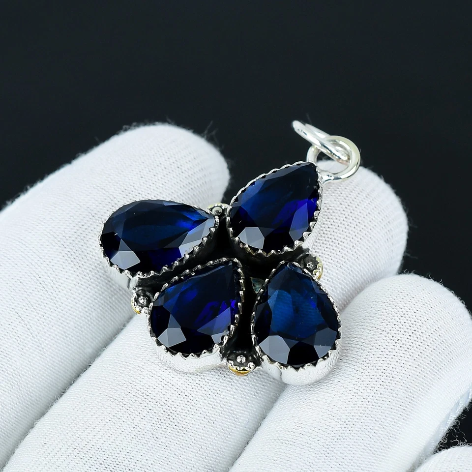 Zaffiro Blu Creato IN Laboratorio Gemma 925 Pendente Argento Sterling Per Regali - Immagine 3 di 4