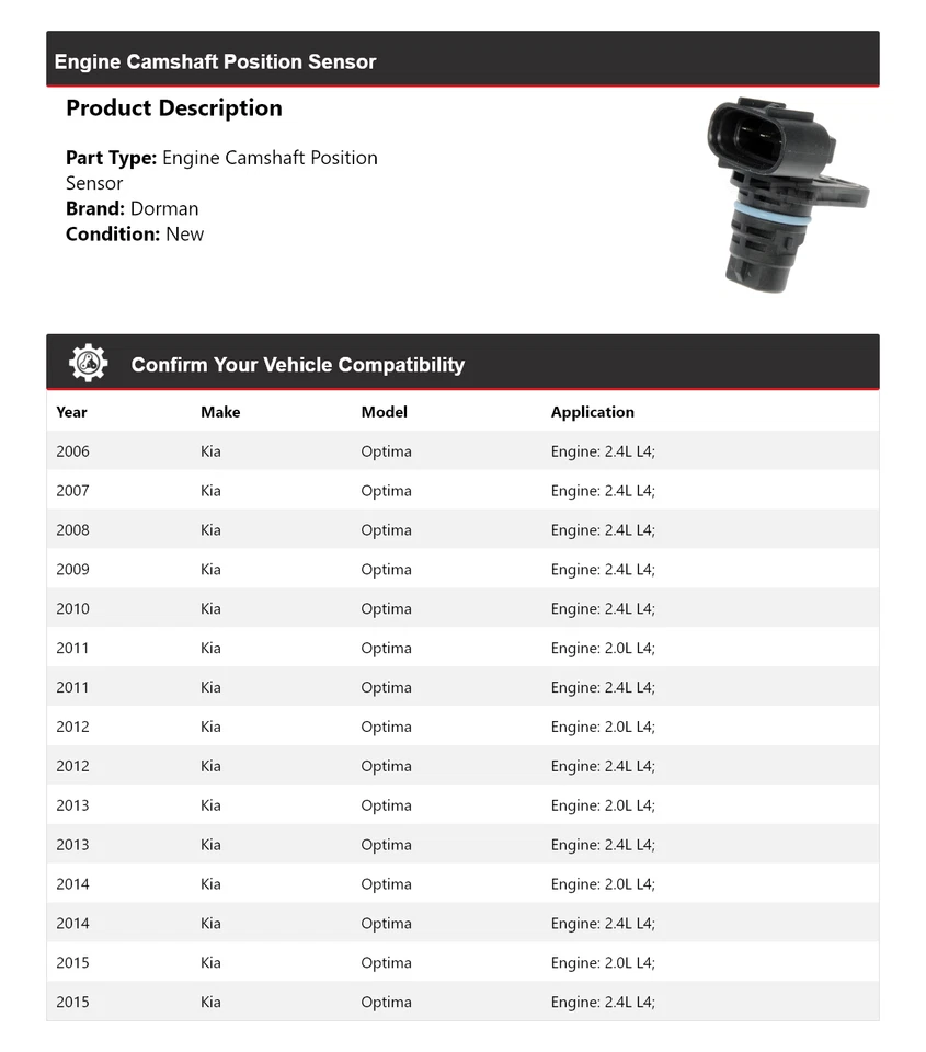 Sensor de posición del árbol de levas del motor Kia Optima Dorman 2006-2015 2007 2008 2009 Foto 2 de 4