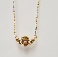 14k Yellow Gold Plated Silver Claddagh Irish Heart Hands Crown Pendant Necklace