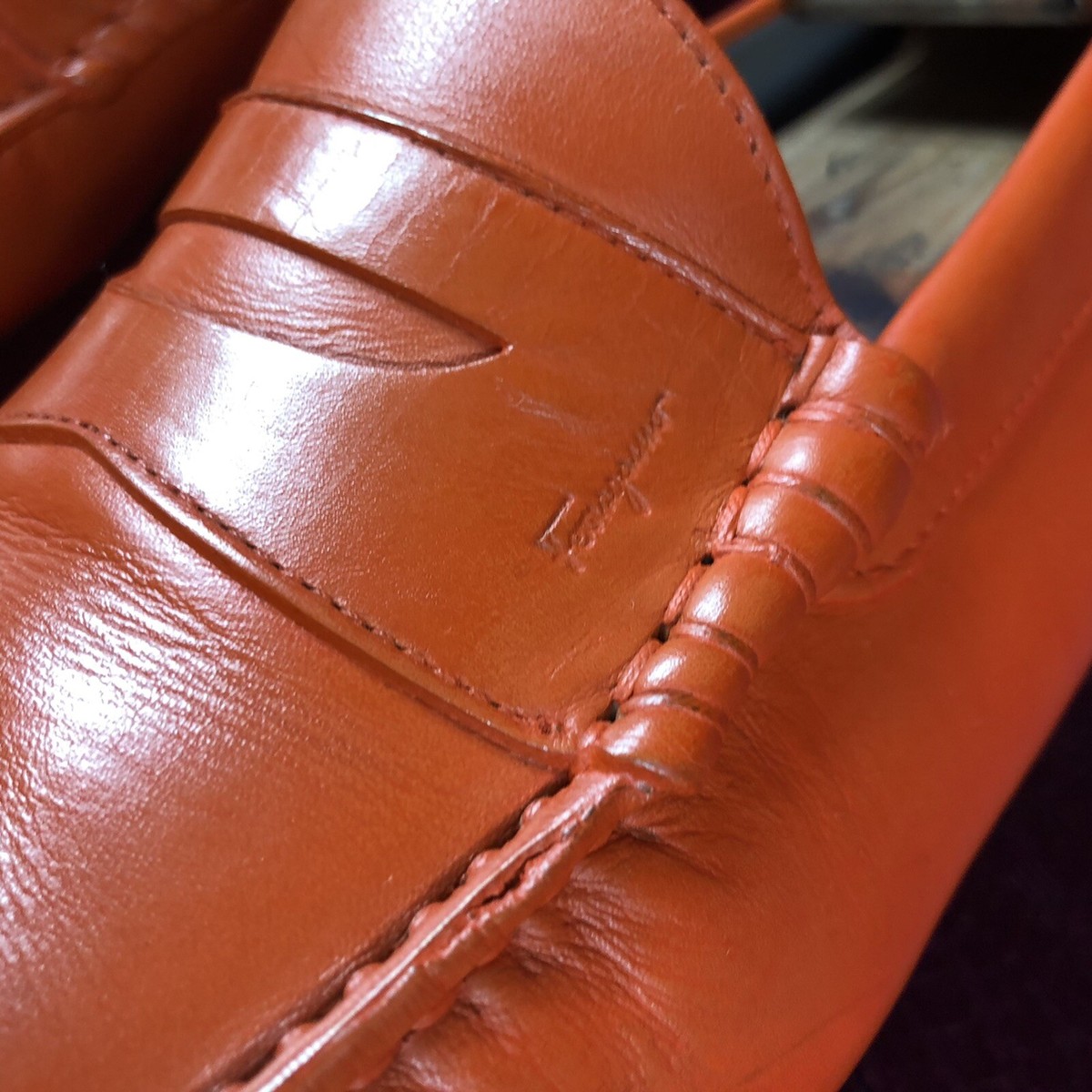 $920 Mens Orange Ferragamo Leather Loafers Shoes Sz 10.5 D