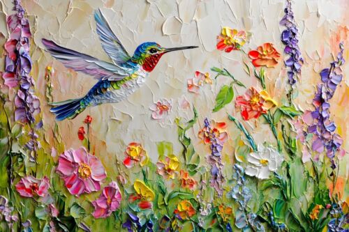 Bonita impresión de pintura sobre lienzo de arte de pared de colibrí y flores silvestres de primavera - Imagen 3 de 11