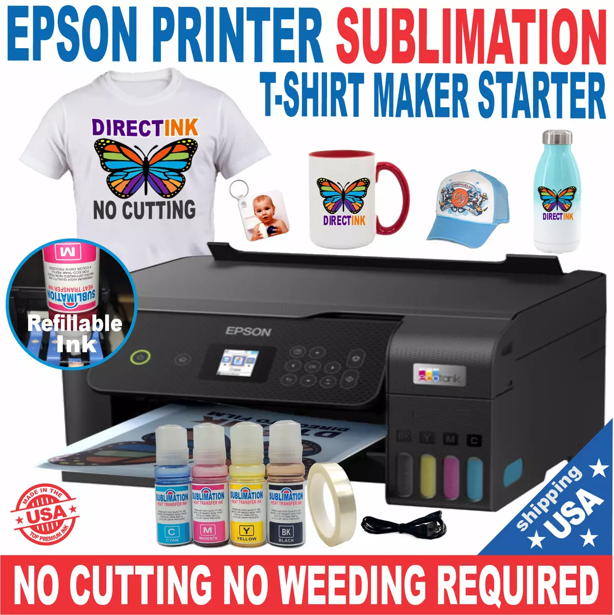 Epson Tank Printer with Sublimation ink Heat Transfer Plus DTF T- Shirt  Starter.