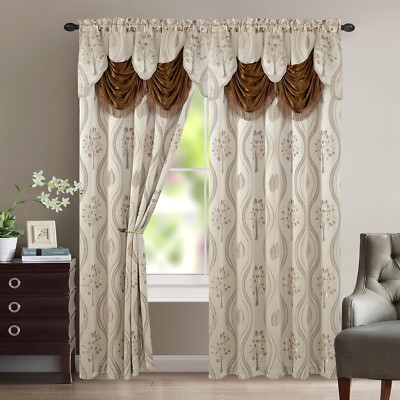 Elegant Luxurious Curtain Panel Set w/ Attached Valance & Backing, Beige 54''x84''
