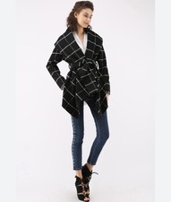 Chicwish Prairie Grid Coat Wool Blend Shawl Collar Xl