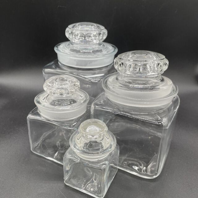 Glass Jar ANTIQUE DAKOTA APOTHECARY Set of 4 with Ground Lid & Neck Square-Rare
