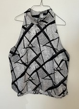 Andrew Marc Sleeveless Blouse Size Large High Neck Black and White