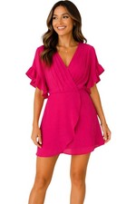 TCEC Hot Pink Wrap Mini Dress Size M Ruffle Sleeve Pleated V Neck Party Cocktail