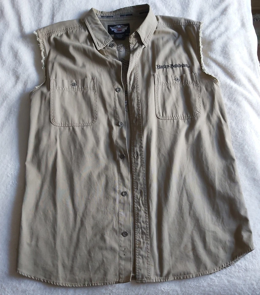 HARLEY DAVIDSON ☆ Chaleco Para Hombres 2XL Beige Bordado Bicicleta Corte Camisa/Cinturón ☆ Foto 3 de 4