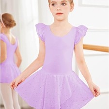 Arshiner Girls Ruffle Sleeve Ballet Dress Tutu Skirted Leotard Purple Sz 6-7yrs