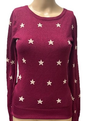 Review Womens Size 6 Maroon Metallic Star Knit Top Long Sleeve Sparkle Jumper