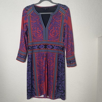 Hale Bob Womens M Dress Red Purple Scroll Print 3/4 Sleeve Empire Waist Stretch