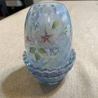Fenton Fairy Lamp misty Blue Iridescent, Diamond Optic W/Hand Painted Flowers