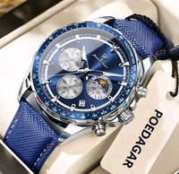 POEDAGAR Mens Chronograph Watch Blue Leather Strap Waterproof Sports Quartz 
