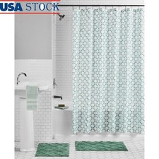 15 Piece Shower Curtain Bathroom Set W/ Bath Rugs Hooks Diamond Design Green New