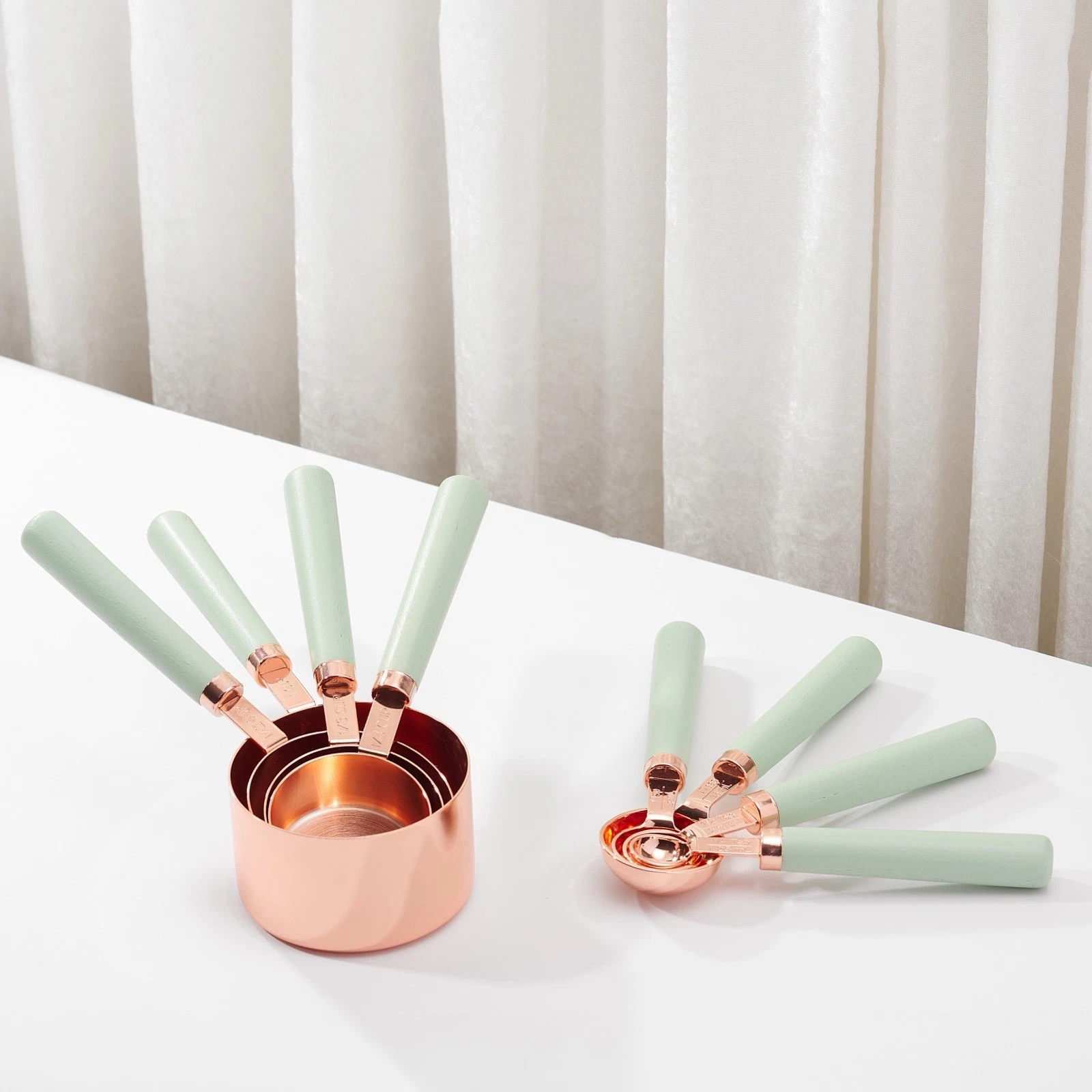 Measuring Cups and Spoons Set of 8, Stainless Steel Measuring Cup with Wooden...