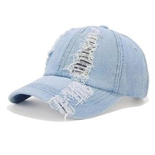 Vintage Distressed Ripped Denim Baseball Cap Low Profile One Size Light Blue