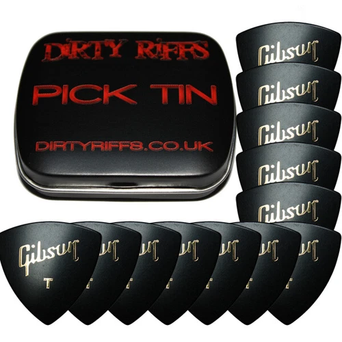 12 x Thin Gibson Wedge Guitar Picks Plectrums In A Pick Tin