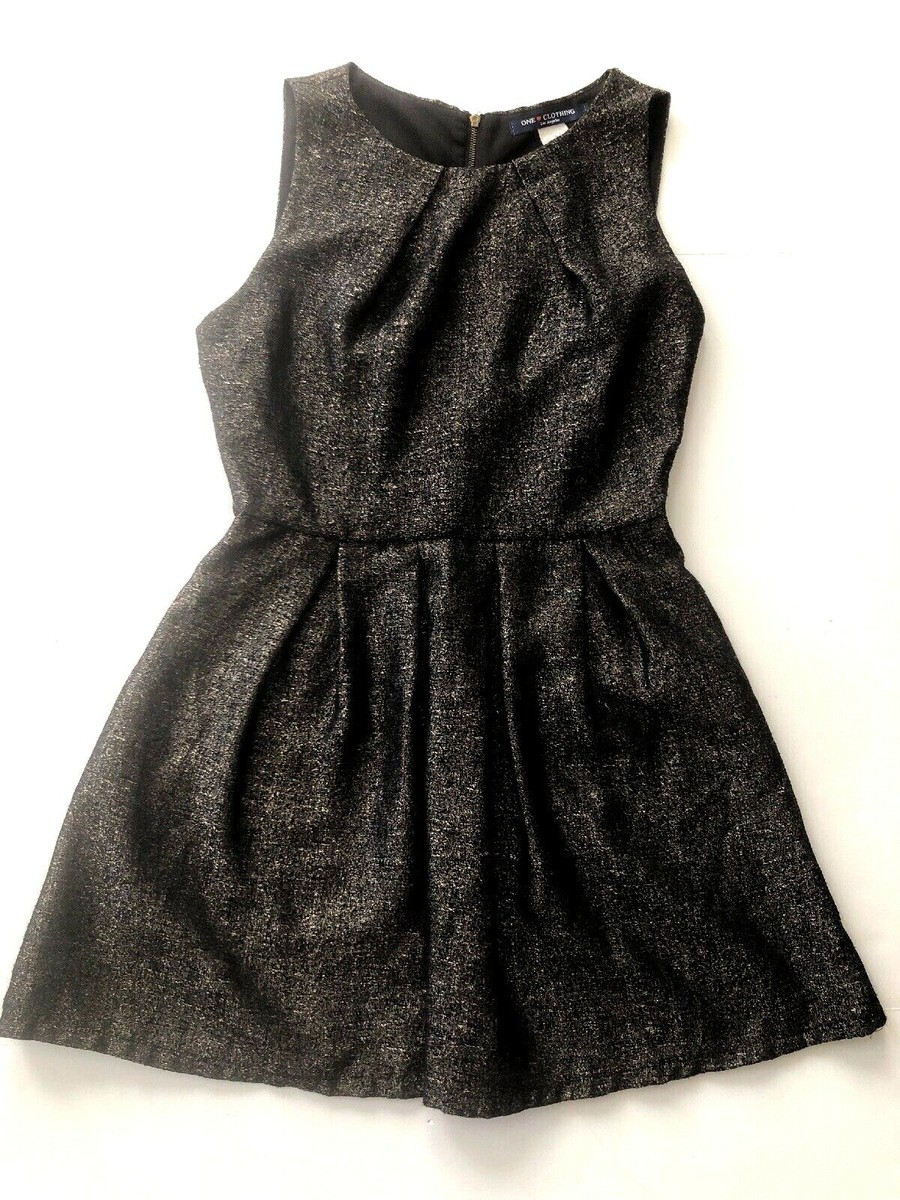 One Clothing Medium Pleated Black Gold Metallic Skater Dress Zipper Back  #4193 | eBay