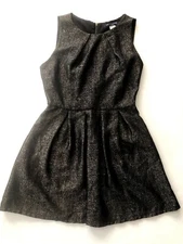 One Clothing Medium Pleated Black Gold Metallic Skater Dress Zipper Back #4193