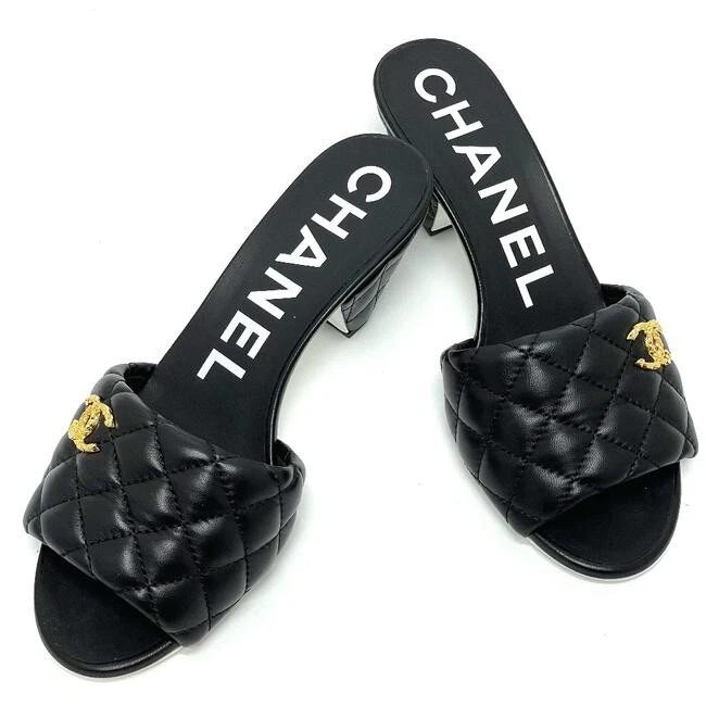 Chanel Black Lambskin CC Logo Heels Mules Slides Sandals Shoes 39 NEW 22P