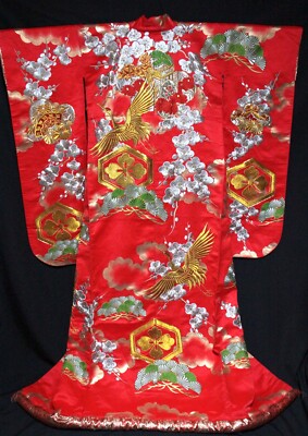 U5 Free shipping bright vermilion Uchikake colorful wedding kimono Robe Japanese