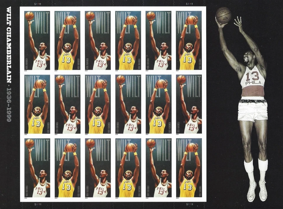 Wilt Chamberlain Pane of 18 Forever Stamps & 2 DCPs 2014 Scott #4950-4951 - Image 2 of 4