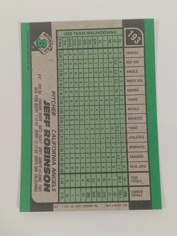 1991 Bowman Baseball #193 Jeff Robinson California Angels - Image 2 of 2