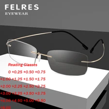 Men Square Rimless Photochromic Gray Presbyopic Glasses UV400 Sunglasses Readers