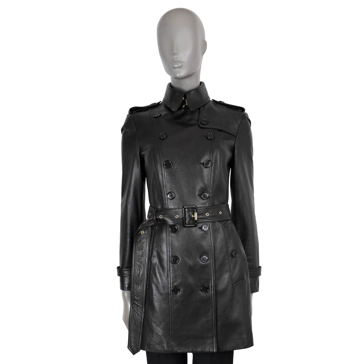 70511 auth BURBERRY LONDON black leather SANDRINGHAM Trench