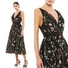 Mac Duggal Size 16 Vneck Floral Embroidered Midi Tea Length Black 26557 Dress