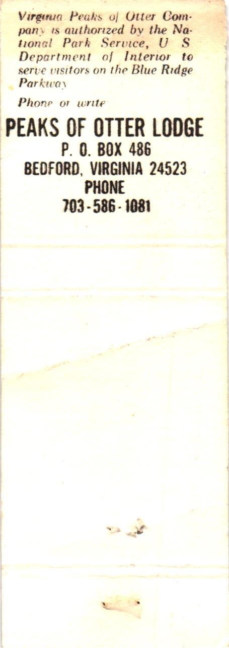 Peaks of Otter Lodge, On The Blue Ridge Parkway, Vintage Matchbook Cover