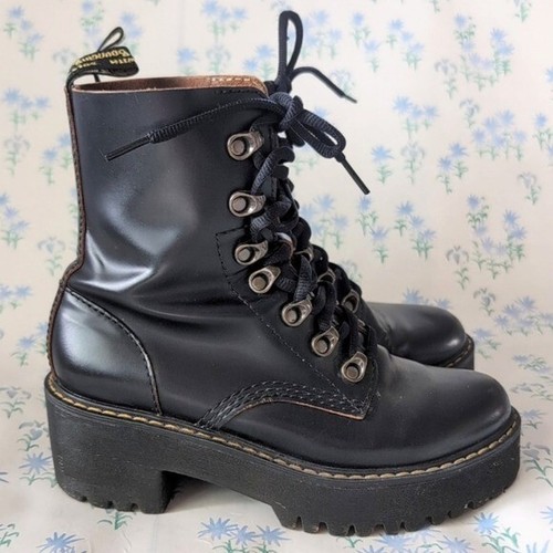 Dr. Martens Leona Heeled Boots US 7 Black Smooth Leather Lace Up Platform Lug - Imagen 2 de 8