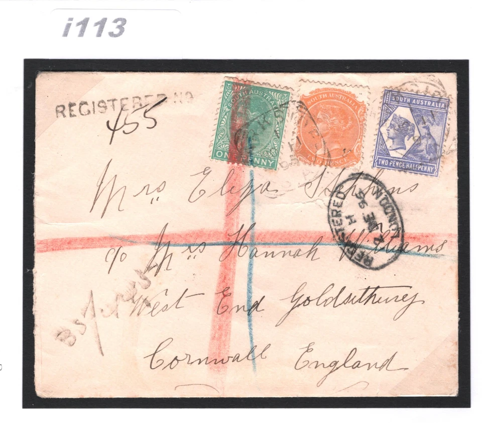 SOUTH AUSTRALIA QV Cover Adelaide Squared Circle GB Cornwall Marazion 1896 i113 - Image 4 of 4