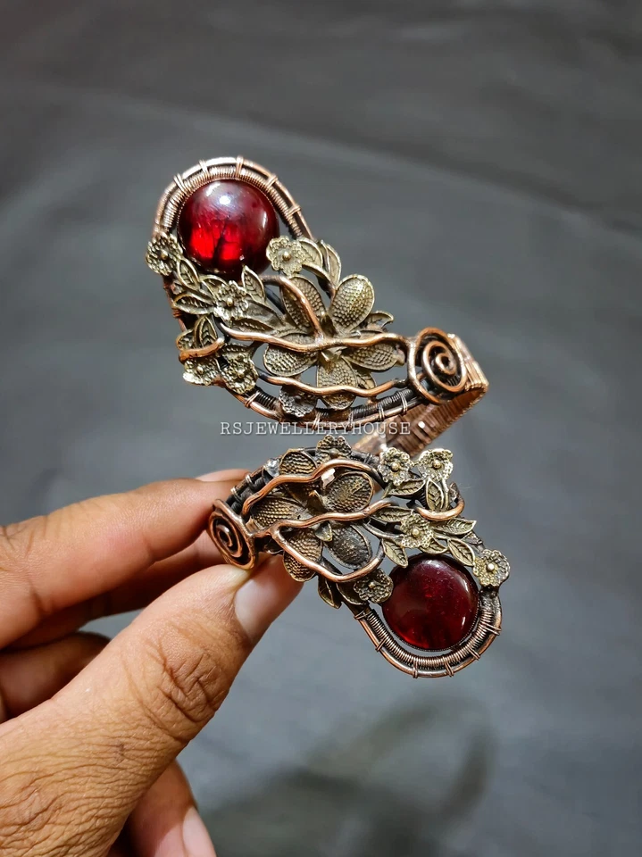 Hermoso Brazalete Doble Rojo Labradorita Piedras Preciosas Brazalete Envuelto Alambre Regalo Foto 3 de 4