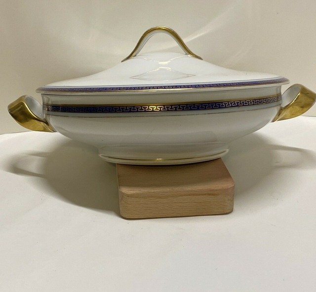 Vintage Covered Serving Bowl Porcelain /w Lid and Handles Signed Blue