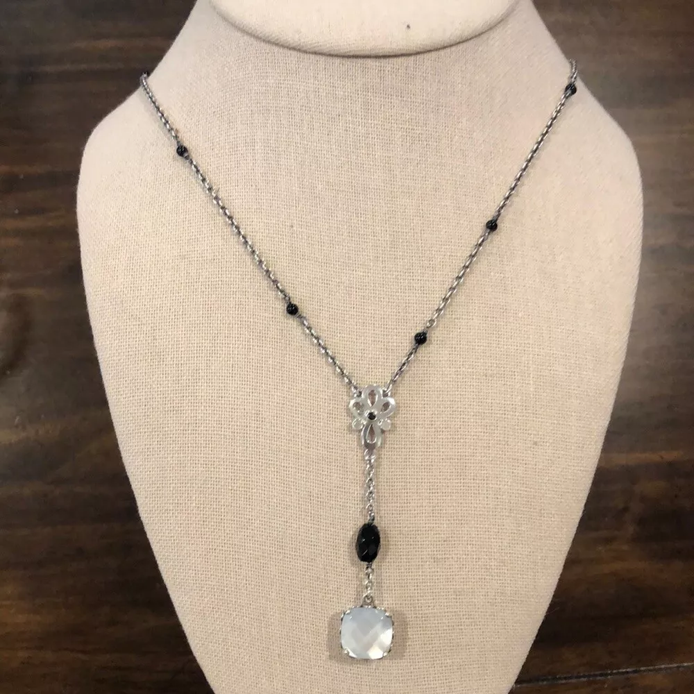 PANDORA Sterling Silver Y Drop Mother of Pearl Black Onyx Station Necklace