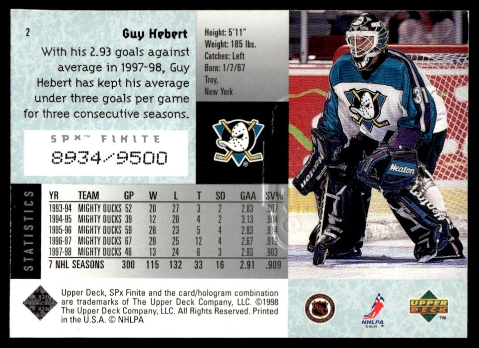 1998-99 SPx Finite Guy Hebert Anaheim Mighty Ducks #2 - Image 2 of 2