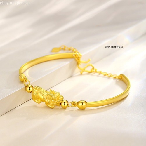 Pure 999 24K Yellow Gold Women Lucky Dragon Pixiu Transfer Beads Bracelet Bangle - Picture 7 of 10