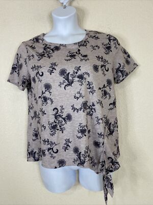 Lavish Womens Size XL Gray Floral Knit Bowtie Hem T-shirt Short Sleeve