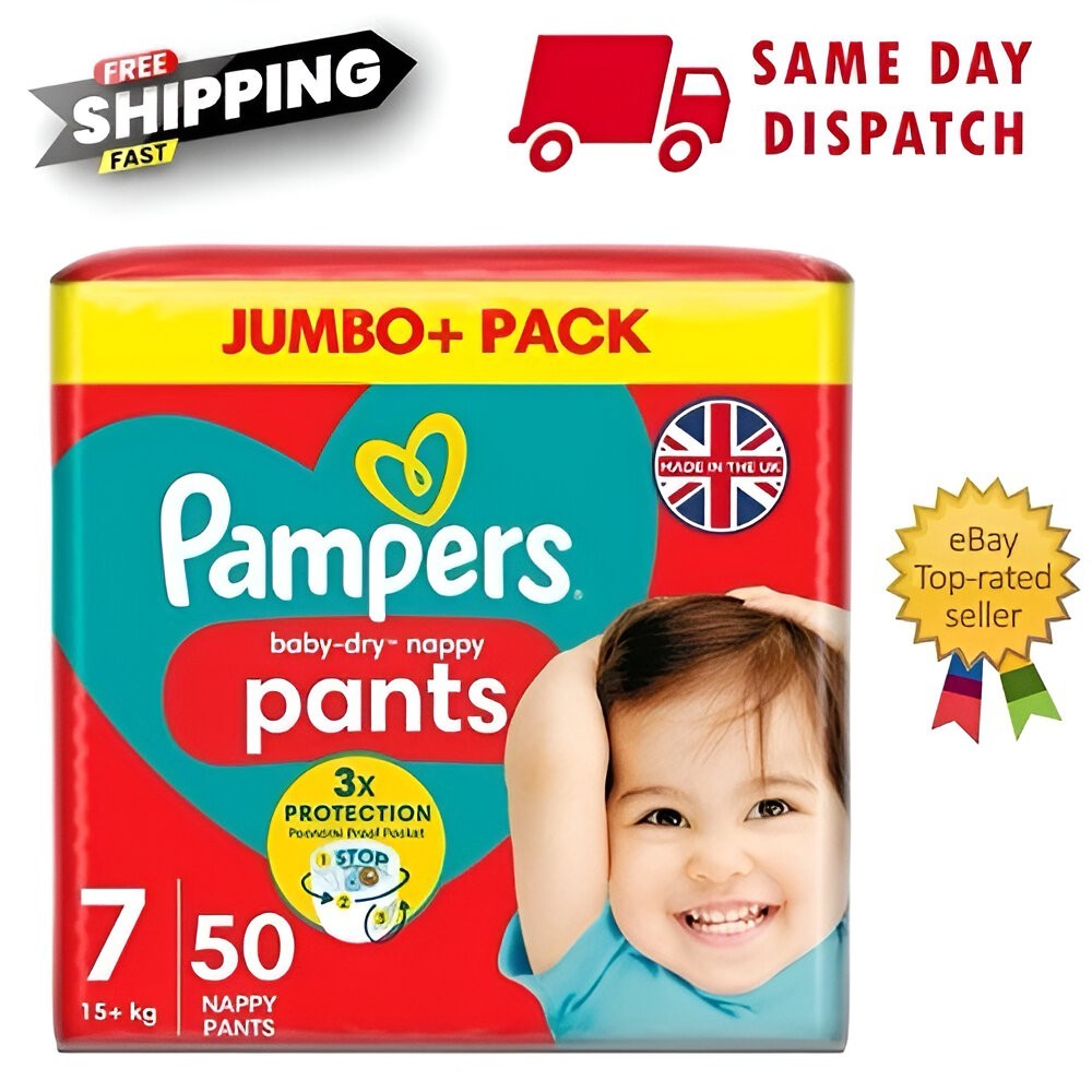 Pampers Baby-Dry Pants Nappy Disposable Nappies Size 7 Jumbo+ 50 Pack 15kg+ Uk