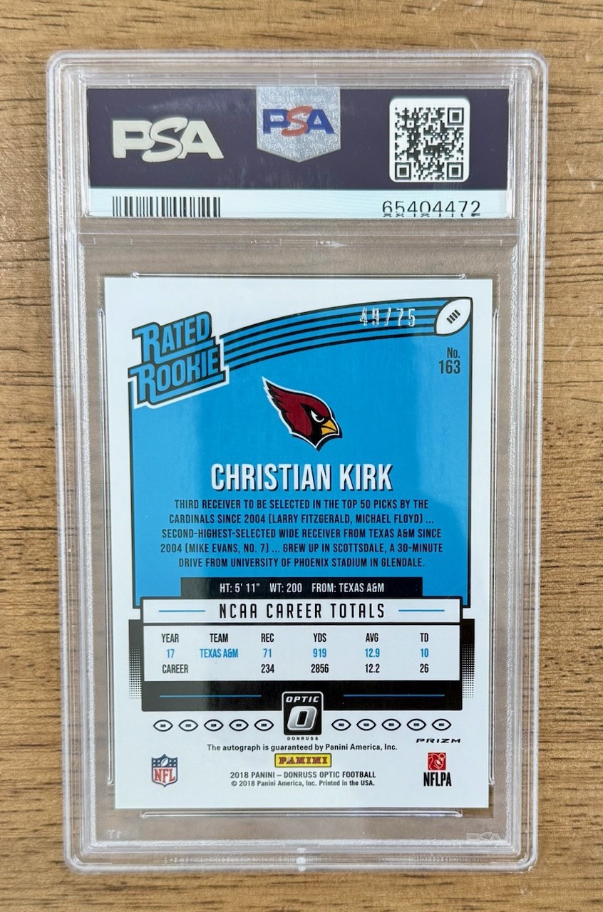 2018 Donruss Optic CHRISTIAN KIRK #163 RR RC Aqua Blue AUTO /75 PSA 10 POP 2 view 2
