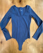 Aerie Ribbed Scoop Neck Long Sleeve Bodysuit Blue Size Medium